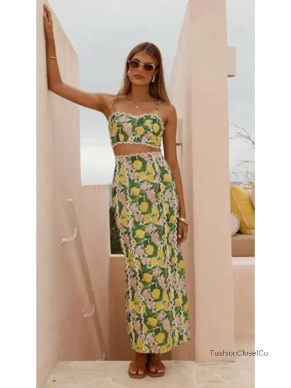 Women's 2 Piece Floral Crop Top and High Waisted Maxi Skirt Set